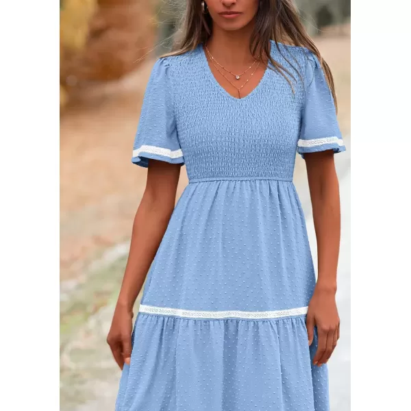 imagePRETTYGARDEN Womens Casual Summer Maxi Dress Short Sleeve Swiss Dot V Neck Smocked Long Flowy Beach DressesLight Blue