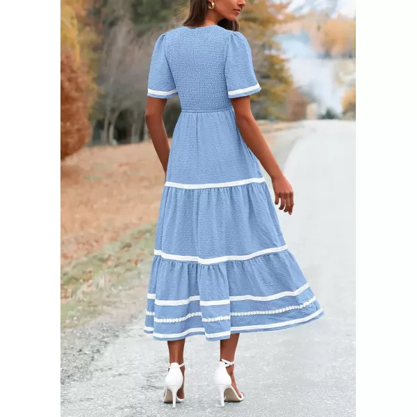 imagePRETTYGARDEN Womens Casual Summer Maxi Dress Short Sleeve Swiss Dot V Neck Smocked Long Flowy Beach DressesLight Blue