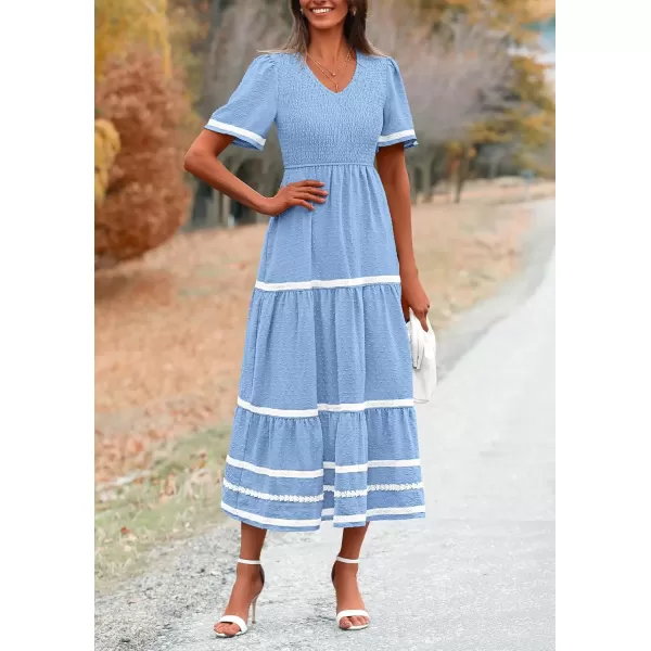 imagePRETTYGARDEN Womens Casual Summer Maxi Dress Short Sleeve Swiss Dot V Neck Smocked Long Flowy Beach DressesLight Blue