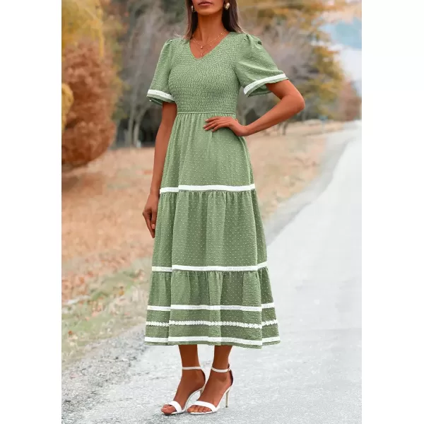 imagePRETTYGARDEN Womens Casual Summer Maxi Dress Short Sleeve Swiss Dot V Neck Smocked Long Flowy Beach DressesLight Green