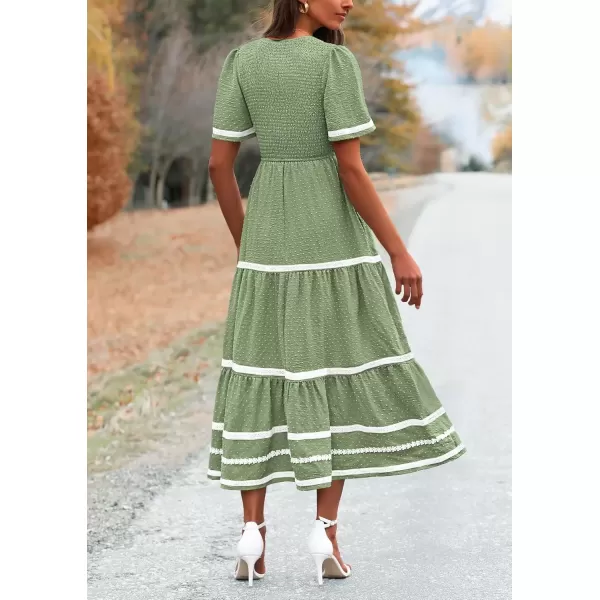 imagePRETTYGARDEN Womens Casual Summer Maxi Dress Short Sleeve Swiss Dot V Neck Smocked Long Flowy Beach DressesLight Green