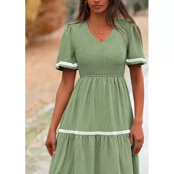 imagePRETTYGARDEN Womens Casual Summer Maxi Dress Short Sleeve Swiss Dot V Neck Smocked Long Flowy Beach DressesLight Green