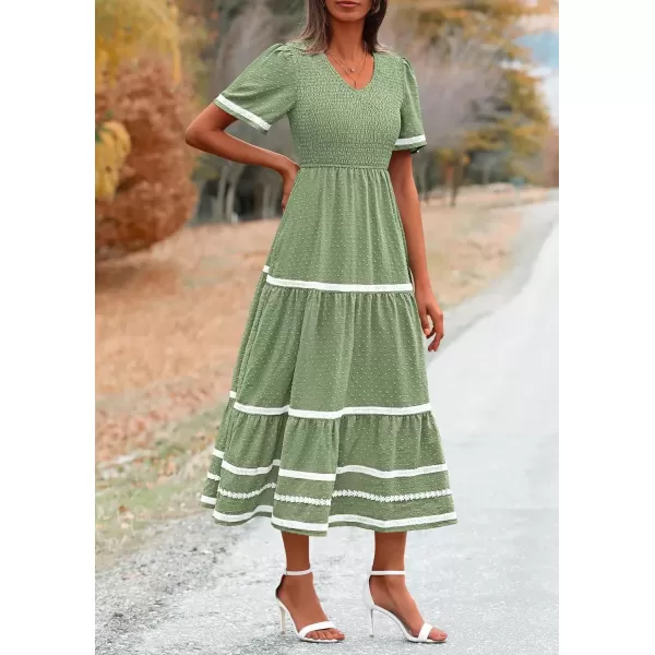 imagePRETTYGARDEN Womens Casual Summer Maxi Dress Short Sleeve Swiss Dot V Neck Smocked Long Flowy Beach DressesLight Green