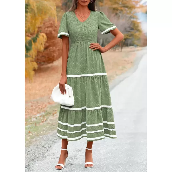 imagePRETTYGARDEN Womens Casual Summer Maxi Dress Short Sleeve Swiss Dot V Neck Smocked Long Flowy Beach DressesLight Green