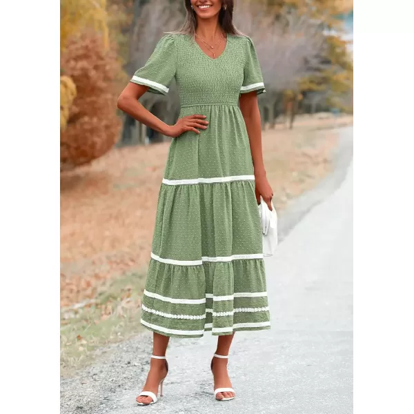imagePRETTYGARDEN Womens Casual Summer Maxi Dress Short Sleeve Swiss Dot V Neck Smocked Long Flowy Beach DressesLight Green