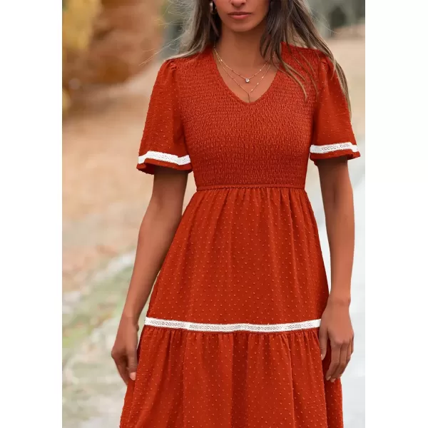 imagePRETTYGARDEN Womens Casual Summer Maxi Dress Short Sleeve Swiss Dot V Neck Smocked Long Flowy Beach DressesOrange Red