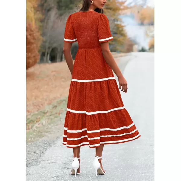imagePRETTYGARDEN Womens Casual Summer Maxi Dress Short Sleeve Swiss Dot V Neck Smocked Long Flowy Beach DressesOrange Red