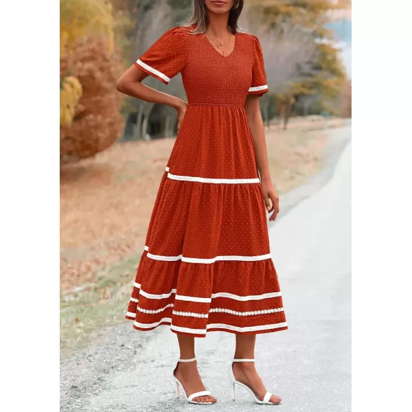 imagePRETTYGARDEN Womens Casual Summer Maxi Dress Short Sleeve Swiss Dot V Neck Smocked Long Flowy Beach DressesOrange Red