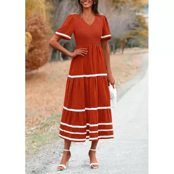 imagePRETTYGARDEN Womens Casual Summer Maxi Dress Short Sleeve Swiss Dot V Neck Smocked Long Flowy Beach DressesOrange Red