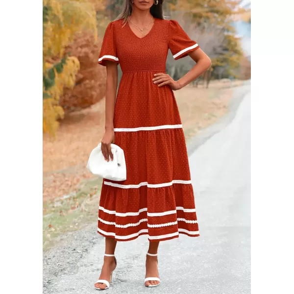 imagePRETTYGARDEN Womens Casual Summer Maxi Dress Short Sleeve Swiss Dot V Neck Smocked Long Flowy Beach DressesOrange Red