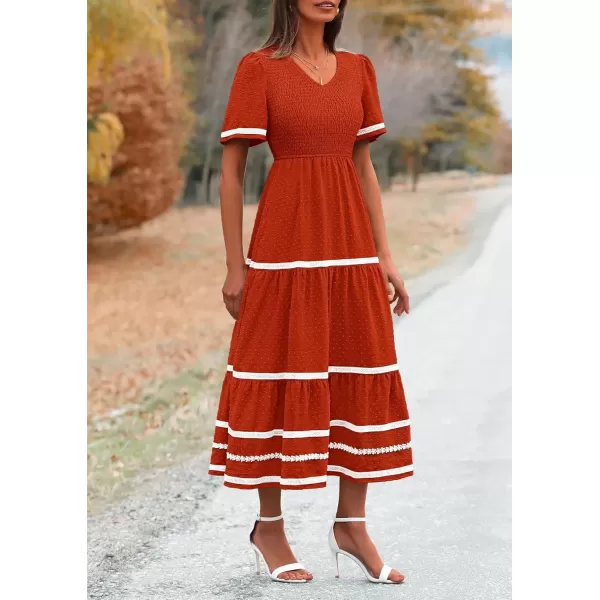 imagePRETTYGARDEN Womens Casual Summer Maxi Dress Short Sleeve Swiss Dot V Neck Smocked Long Flowy Beach DressesOrange Red
