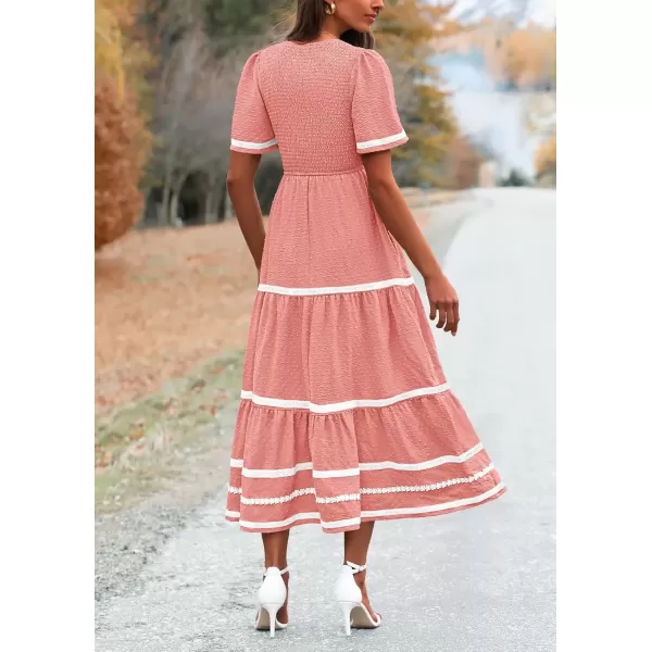 imagePRETTYGARDEN Womens Casual Summer Maxi Dress Short Sleeve Swiss Dot V Neck Smocked Long Flowy Beach DressesPink