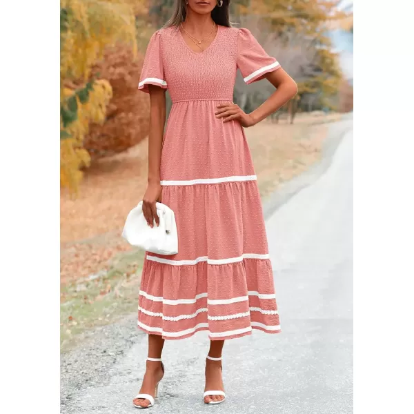 imagePRETTYGARDEN Womens Casual Summer Maxi Dress Short Sleeve Swiss Dot V Neck Smocked Long Flowy Beach DressesPink