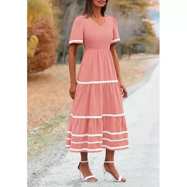 imagePRETTYGARDEN Womens Casual Summer Maxi Dress Short Sleeve Swiss Dot V Neck Smocked Long Flowy Beach DressesPink