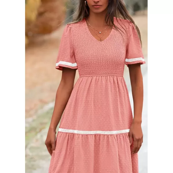 imagePRETTYGARDEN Womens Casual Summer Maxi Dress Short Sleeve Swiss Dot V Neck Smocked Long Flowy Beach DressesPink