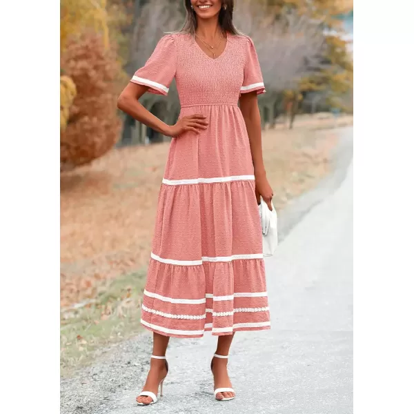 imagePRETTYGARDEN Womens Casual Summer Maxi Dress Short Sleeve Swiss Dot V Neck Smocked Long Flowy Beach DressesPink