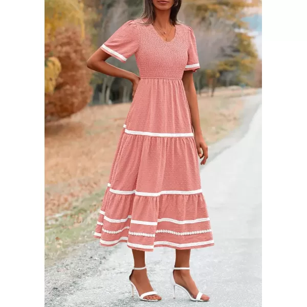 imagePRETTYGARDEN Womens Casual Summer Maxi Dress Short Sleeve Swiss Dot V Neck Smocked Long Flowy Beach DressesPink