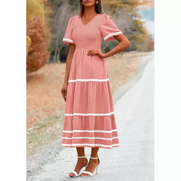 imagePRETTYGARDEN Womens Casual Summer Maxi Dress Short Sleeve Swiss Dot V Neck Smocked Long Flowy Beach DressesPink