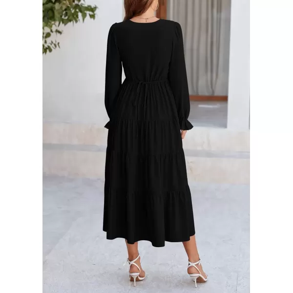 imagePRETTYGARDEN Womens Fall Maxi Dress Long Sleeve V Neck Tiered Ruffle Flowy A Line Cocktail Party DressesBlack