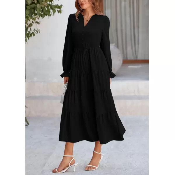 imagePRETTYGARDEN Womens Fall Maxi Dress Long Sleeve V Neck Tiered Ruffle Flowy A Line Cocktail Party DressesBlack