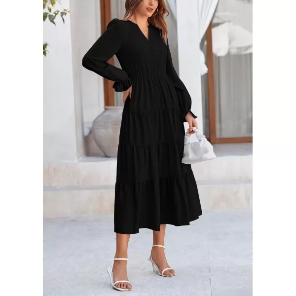 imagePRETTYGARDEN Womens Fall Maxi Dress Long Sleeve V Neck Tiered Ruffle Flowy A Line Cocktail Party DressesBlack