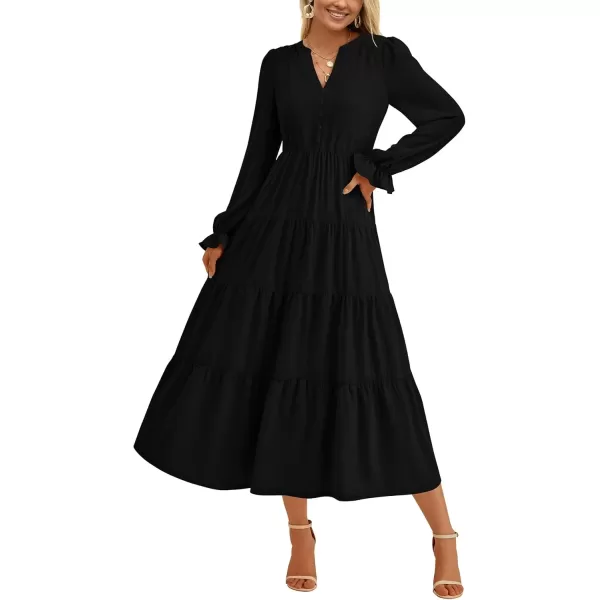 imagePRETTYGARDEN Womens Fall Maxi Dress Long Sleeve V Neck Tiered Ruffle Flowy A Line Cocktail Party DressesBlack