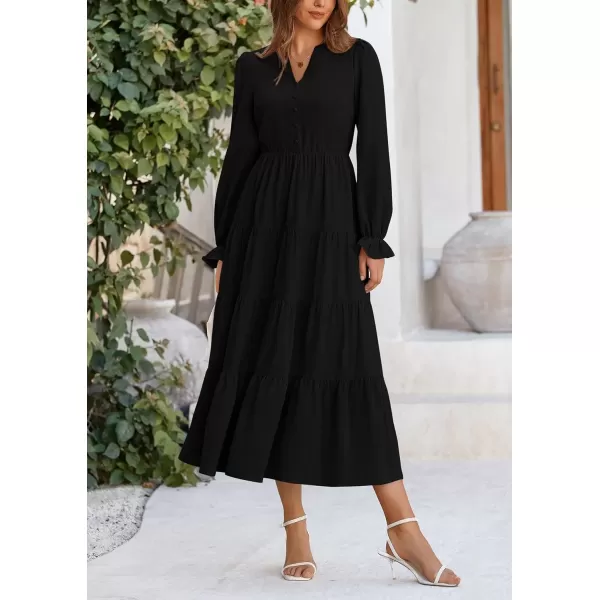 imagePRETTYGARDEN Womens Fall Maxi Dress Long Sleeve V Neck Tiered Ruffle Flowy A Line Cocktail Party DressesBlack