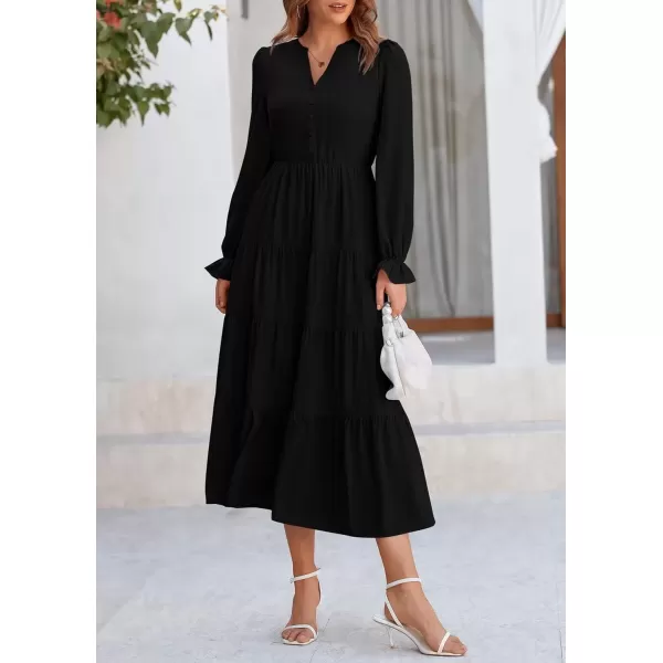 imagePRETTYGARDEN Womens Fall Maxi Dress Long Sleeve V Neck Tiered Ruffle Flowy A Line Cocktail Party DressesBlack