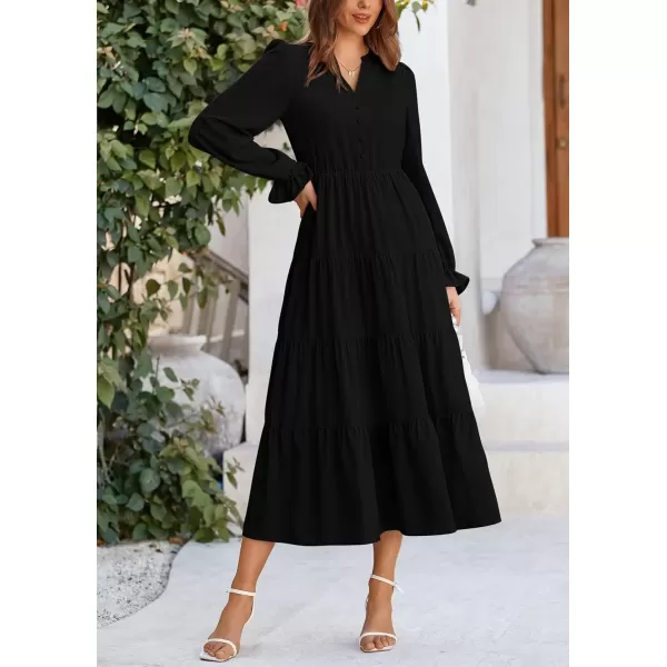 imagePRETTYGARDEN Womens Fall Maxi Dress Long Sleeve V Neck Tiered Ruffle Flowy A Line Cocktail Party DressesBlack