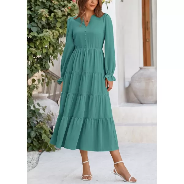 imagePRETTYGARDEN Womens Fall Maxi Dress Long Sleeve V Neck Tiered Ruffle Flowy A Line Cocktail Party DressesBlue Green
