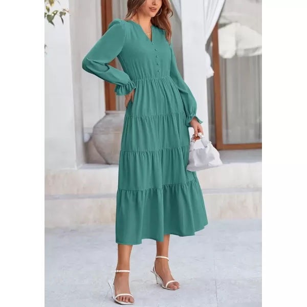 imagePRETTYGARDEN Womens Fall Maxi Dress Long Sleeve V Neck Tiered Ruffle Flowy A Line Cocktail Party DressesBlue Green
