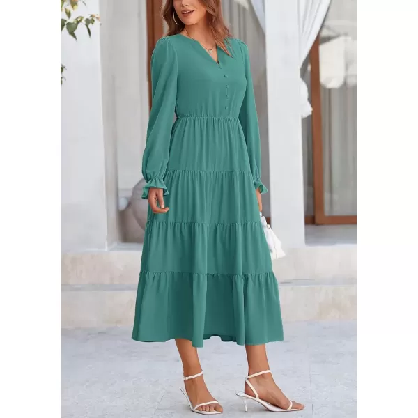 imagePRETTYGARDEN Womens Fall Maxi Dress Long Sleeve V Neck Tiered Ruffle Flowy A Line Cocktail Party DressesBlue Green