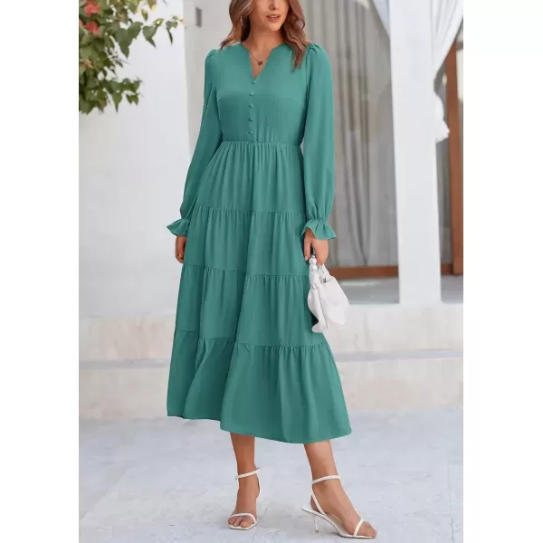 imagePRETTYGARDEN Womens Fall Maxi Dress Long Sleeve V Neck Tiered Ruffle Flowy A Line Cocktail Party DressesBlue Green