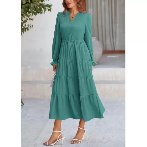 imagePRETTYGARDEN Womens Fall Maxi Dress Long Sleeve V Neck Tiered Ruffle Flowy A Line Cocktail Party DressesBlue Green