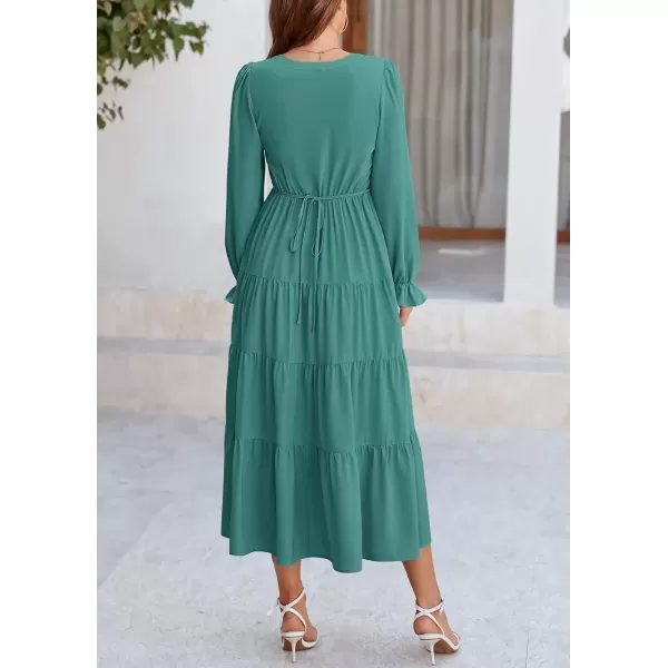imagePRETTYGARDEN Womens Fall Maxi Dress Long Sleeve V Neck Tiered Ruffle Flowy A Line Cocktail Party DressesBlue Green