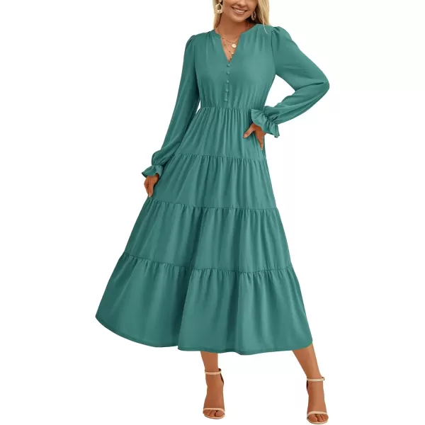 imagePRETTYGARDEN Womens Fall Maxi Dress Long Sleeve V Neck Tiered Ruffle Flowy A Line Cocktail Party DressesBlue Green
