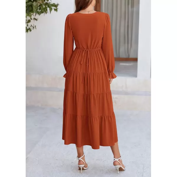 imagePRETTYGARDEN Womens Fall Maxi Dress Long Sleeve V Neck Tiered Ruffle Flowy A Line Cocktail Party DressesBrick Red
