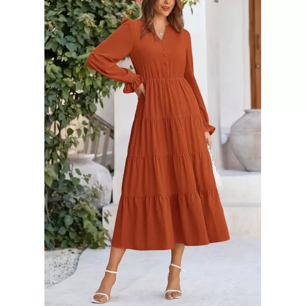 imagePRETTYGARDEN Womens Fall Maxi Dress Long Sleeve V Neck Tiered Ruffle Flowy A Line Cocktail Party DressesBrick Red
