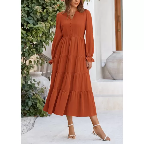 imagePRETTYGARDEN Womens Fall Maxi Dress Long Sleeve V Neck Tiered Ruffle Flowy A Line Cocktail Party DressesBrick Red