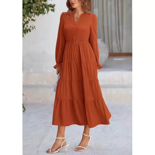imagePRETTYGARDEN Womens Fall Maxi Dress Long Sleeve V Neck Tiered Ruffle Flowy A Line Cocktail Party DressesBrick Red