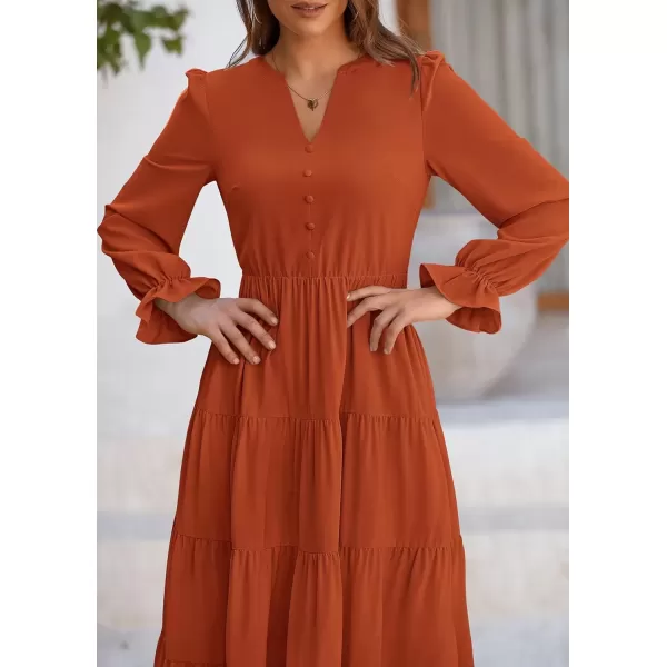 imagePRETTYGARDEN Womens Fall Maxi Dress Long Sleeve V Neck Tiered Ruffle Flowy A Line Cocktail Party DressesBrick Red