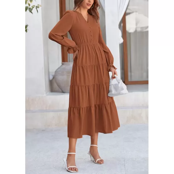 imagePRETTYGARDEN Womens Fall Maxi Dress Long Sleeve V Neck Tiered Ruffle Flowy A Line Cocktail Party DressesBrown