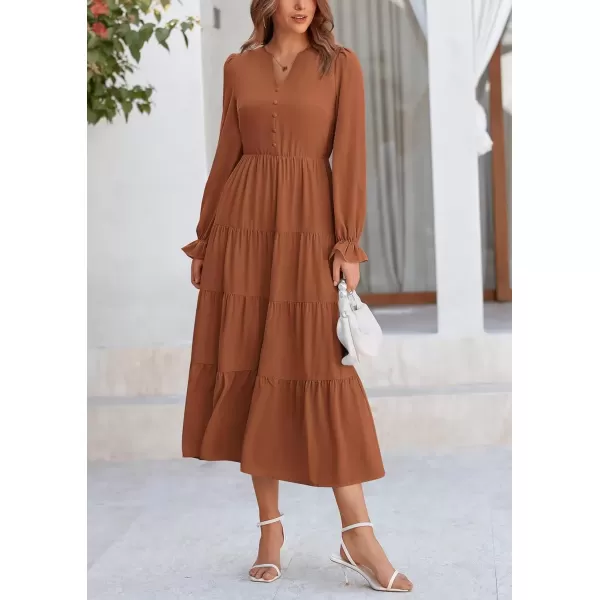 imagePRETTYGARDEN Womens Fall Maxi Dress Long Sleeve V Neck Tiered Ruffle Flowy A Line Cocktail Party DressesBrown