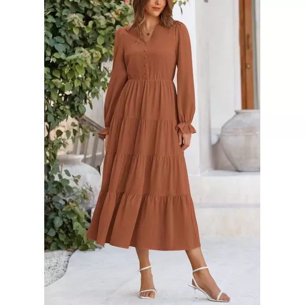 imagePRETTYGARDEN Womens Fall Maxi Dress Long Sleeve V Neck Tiered Ruffle Flowy A Line Cocktail Party DressesBrown
