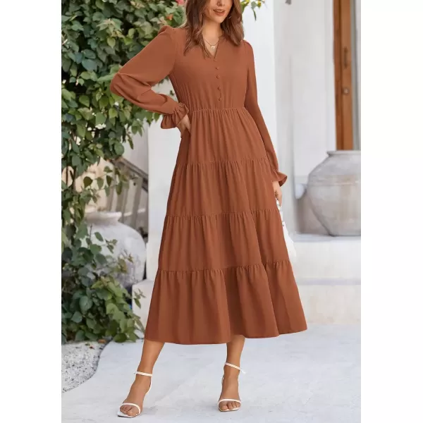 imagePRETTYGARDEN Womens Fall Maxi Dress Long Sleeve V Neck Tiered Ruffle Flowy A Line Cocktail Party DressesBrown