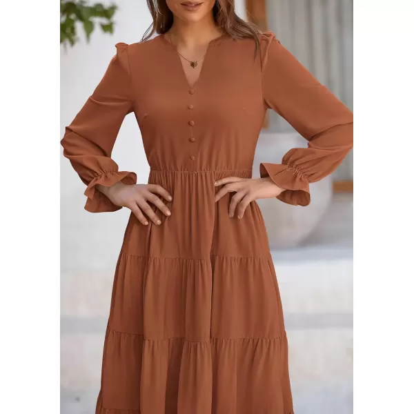 imagePRETTYGARDEN Womens Fall Maxi Dress Long Sleeve V Neck Tiered Ruffle Flowy A Line Cocktail Party DressesBrown