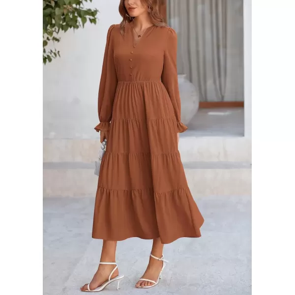 imagePRETTYGARDEN Womens Fall Maxi Dress Long Sleeve V Neck Tiered Ruffle Flowy A Line Cocktail Party DressesBrown