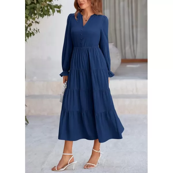 imagePRETTYGARDEN Womens Fall Maxi Dress Long Sleeve V Neck Tiered Ruffle Flowy A Line Cocktail Party DressesDark Blue