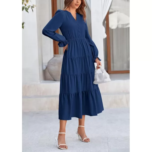 imagePRETTYGARDEN Womens Fall Maxi Dress Long Sleeve V Neck Tiered Ruffle Flowy A Line Cocktail Party DressesDark Blue