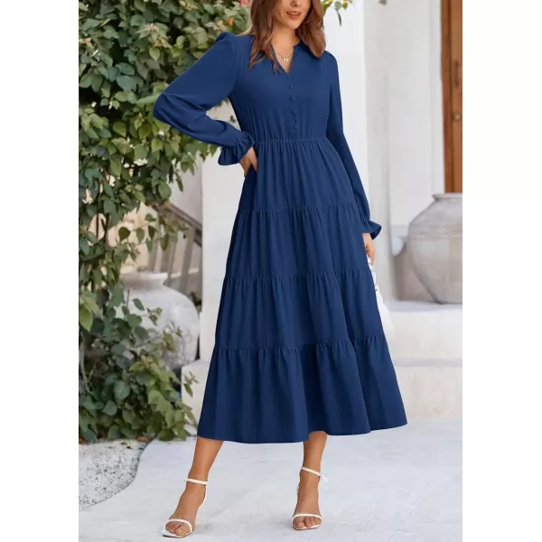 imagePRETTYGARDEN Womens Fall Maxi Dress Long Sleeve V Neck Tiered Ruffle Flowy A Line Cocktail Party DressesDark Blue